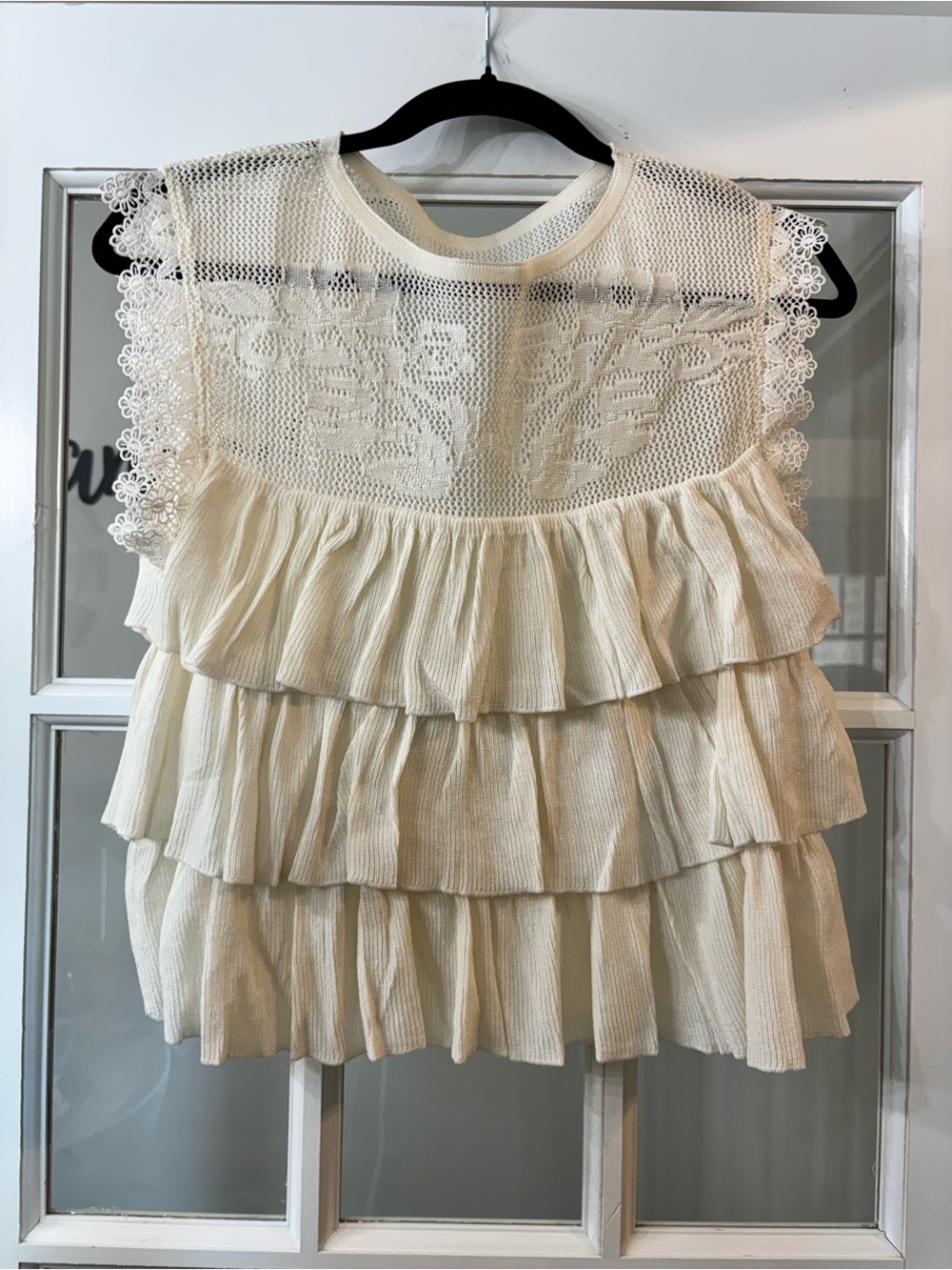 Bluivy Cream Crochet Lace Tiered Ruffle Tank